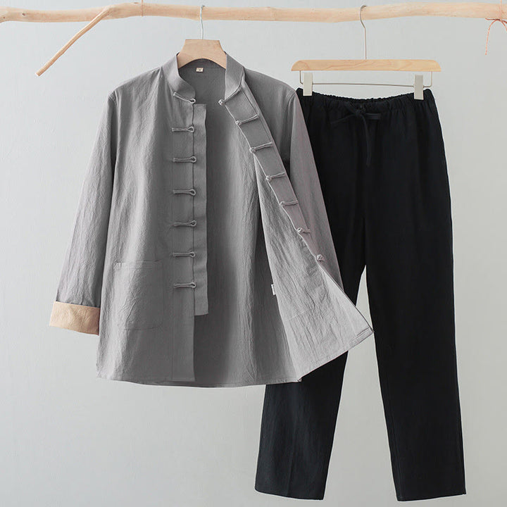 Completo da uomo Buddha Stones 2 pezzi Tang Suit con camicia a maniche lunghe e pantaloni in cotone e lino con bottoni a rana e tasche. - Camicia grigio chiaro + pantaloni neri - US/UK/AU44, EU54 (4XL) - image 16