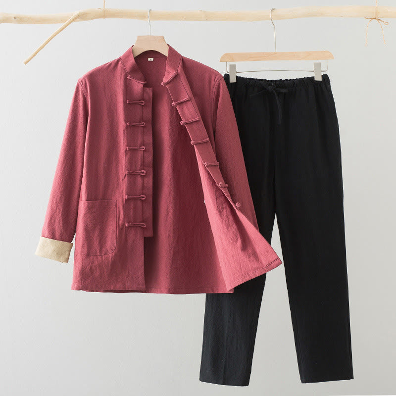 Completo da uomo Buddha Stones 2 pezzi Tang Suit con camicia a maniche lunghe e pantaloni in cotone e lino con bottoni a rana e tasche. - Camicia color salmone + pantaloni neri - US/UK/AU44, EU54 (4XL) - image 17