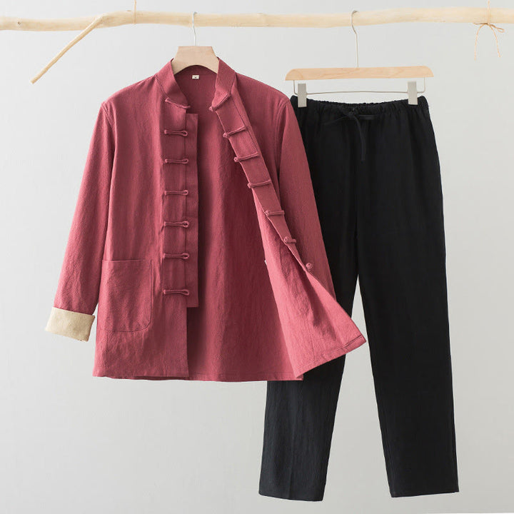 Completo da uomo Buddha Stones 2 pezzi Tang Suit con camicia a maniche lunghe e pantaloni in cotone e lino con bottoni a rana e tasche. - Camicia color salmone + pantaloni neri - US/UK/AU44, EU54 (4XL) - image 17