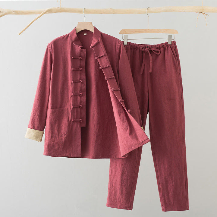 Completo da uomo Buddha Stones 2 pezzi Tang Suit con camicia a maniche lunghe e pantaloni in cotone e lino con bottoni a rana e tasche. - Salmone - US/UK/AU44, EU54 (4XL) - image 18