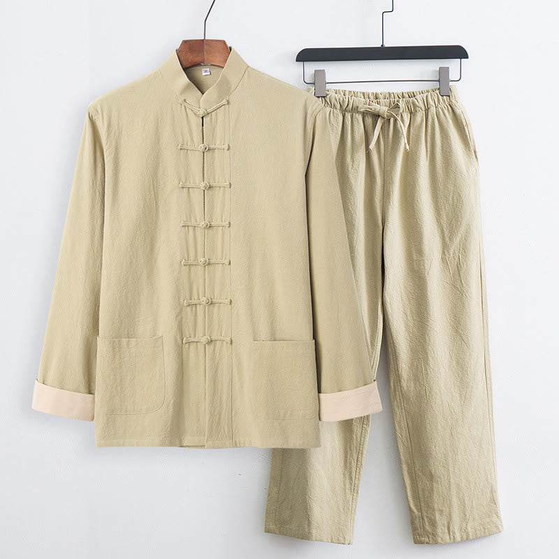 Set da 2 pezzi Buddha Stones Tang Suit da uomo con bottoni a rana, camicia a maniche lunghe in cotone e pantaloni con tasche - PaleGoldenrod - US/UK/AU44, EU54 (4XL) - image 19
