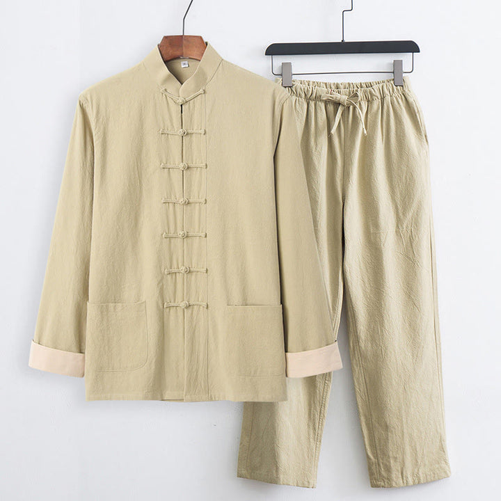 Set da 2 pezzi Buddha Stones Tang Suit da uomo con bottoni a rana, camicia a maniche lunghe in cotone e pantaloni con tasche - PaleGoldenrod - US/UK/AU44, EU54 (4XL) - image 19