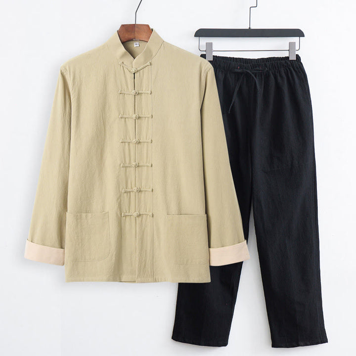 Set da 2 pezzi Buddha Stones Tang Suit da uomo con bottoni a rana, camicia a maniche lunghe in cotone e pantaloni con tasche - Camicia color giallo paglierino pallido + pantaloni neri - US/UK/AU44, EU54 (4XL) - image 20