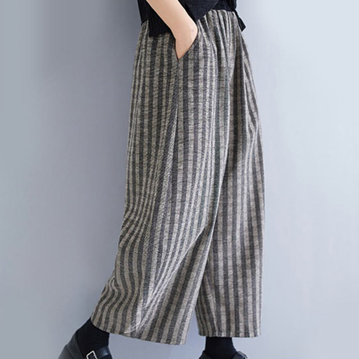 Pantaloni larghi da donna in poliestere con tasche, a righe, in velluto a coste, casual, da 7-8 Buddha Stones - image 9