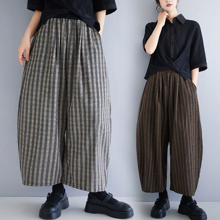Pantaloni larghi da donna in poliestere con tasche, a righe, in velluto a coste, casual, da 7-8 Buddha Stones - image 0