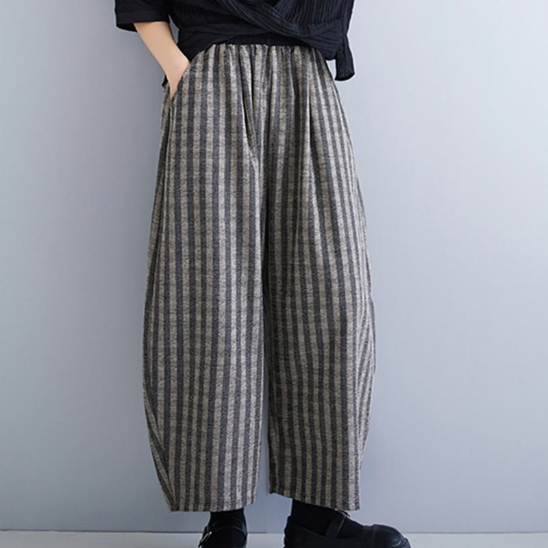 Pantaloni larghi da donna in poliestere con tasche, a righe, in velluto a coste, casual, da 7-8 Buddha Stones - image 3