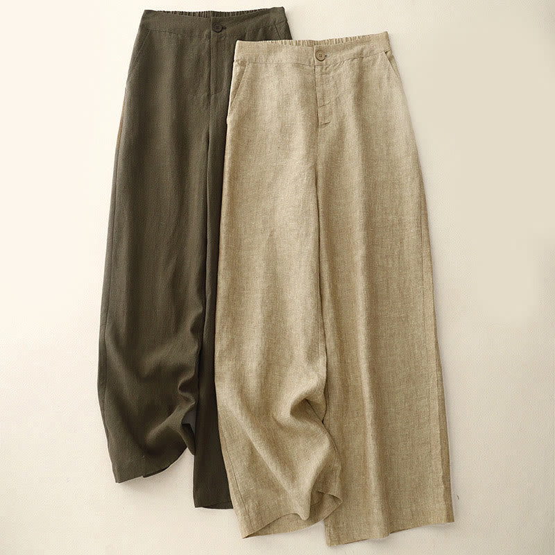 Pantaloni larghi da donna in cotone e lino, casual e semplici, con elastico in vita e tasche, modello Buddha Stones - image 0