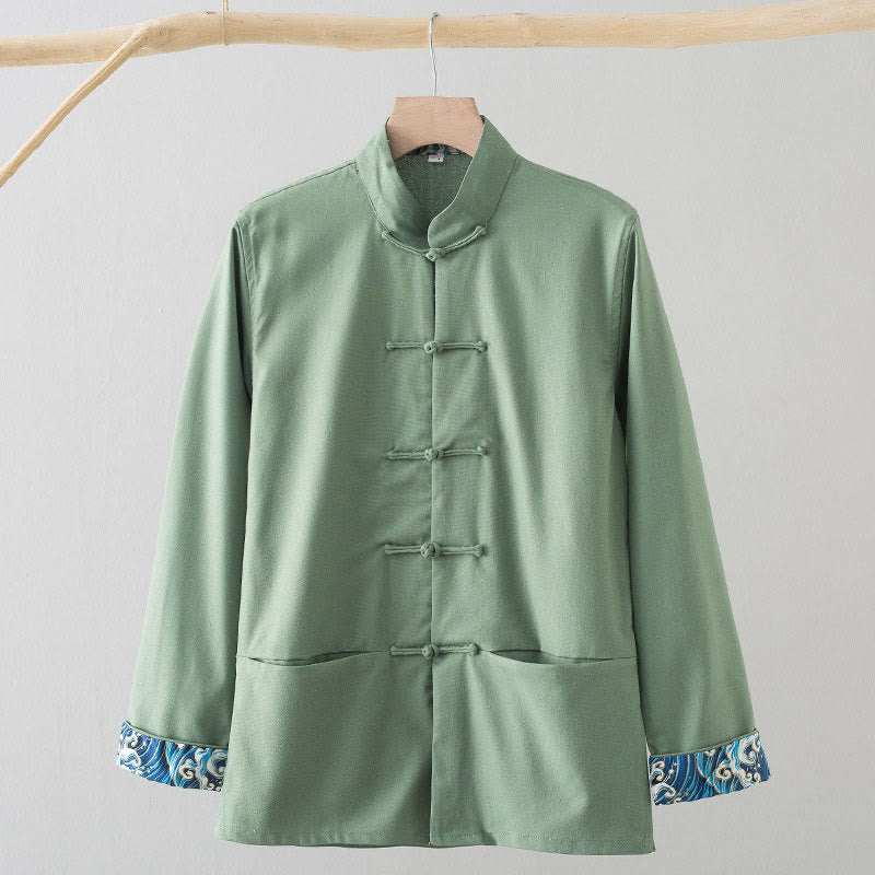 Buddha Stones in cotone e lino con maniche lunghe, bottoni a rana, motivo Buddha Stones, onde ricamate - Verde chiaro - US/UK/AU44, EU54 (4XL) - image 0