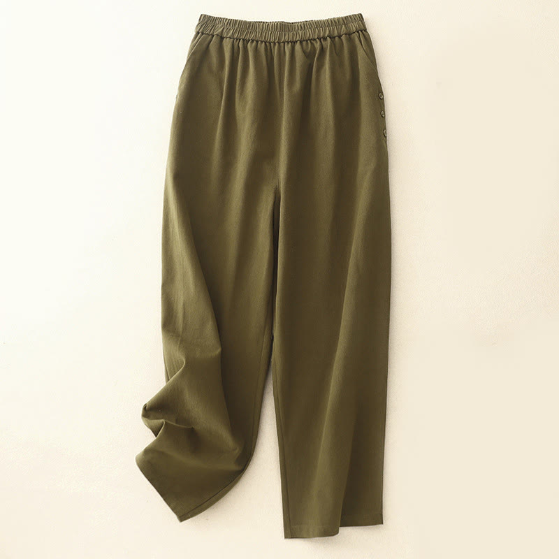 Pantaloni casual da donna in cotone e poliestere con bottoni automatici e tasche Buddha Stones - Oliva - US8-10, UK/AU12-14, EU40-42 (2XL) - image 5