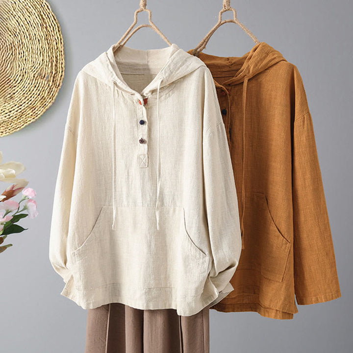 Felpa con cappuccio a maniche lunghe in cotone con tasche e bottoni semplici da donna Buddha Stones - image 12