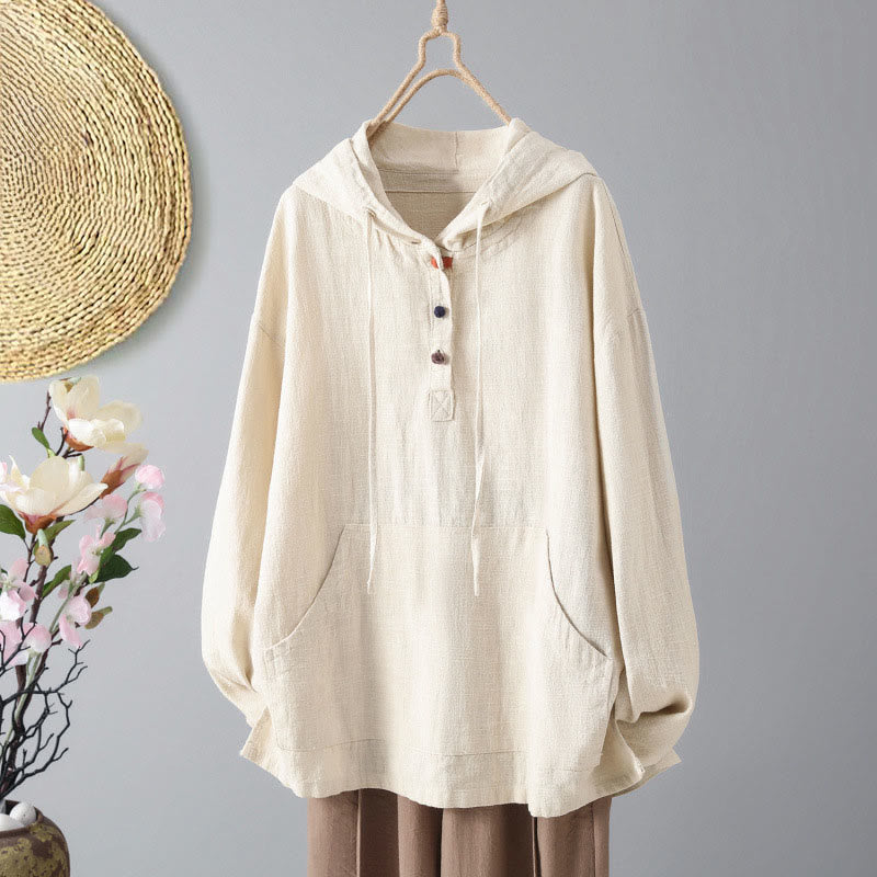 Felpa con cappuccio a maniche lunghe in cotone con tasche e bottoni semplici da donna Buddha Stones - Beige - US12, UK/AU16, EU44 (2XL) - image 0