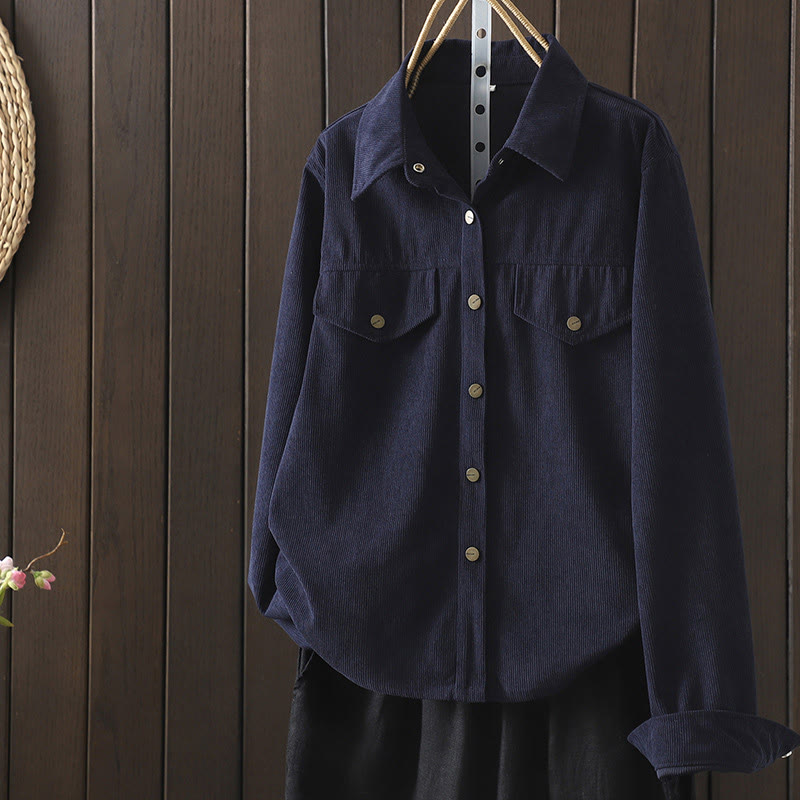 Camicia da donna a maniche lunghe in velluto a coste di cotone con bottoni semplici Buddha Stones Commute - Blu notte - US8-10, UK/AU12-14, EU40-42 (2XL) - image 0