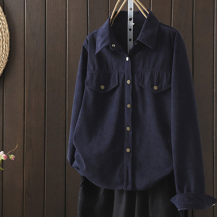 Camicia da donna a maniche lunghe in velluto a coste di cotone con bottoni semplici Buddha Stones Commute - Blu notte - US8-10, UK/AU12-14, EU40-42 (2XL) - image 0