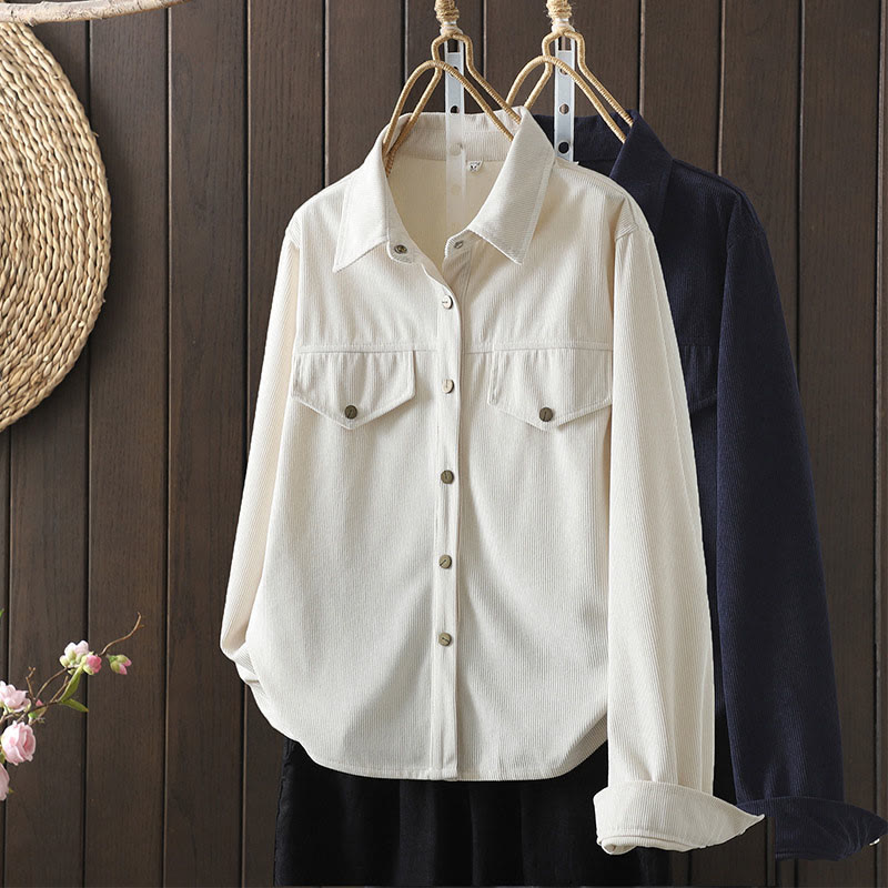 Camicia da donna a maniche lunghe in velluto a coste di cotone con bottoni semplici Buddha Stones Commute - image 17