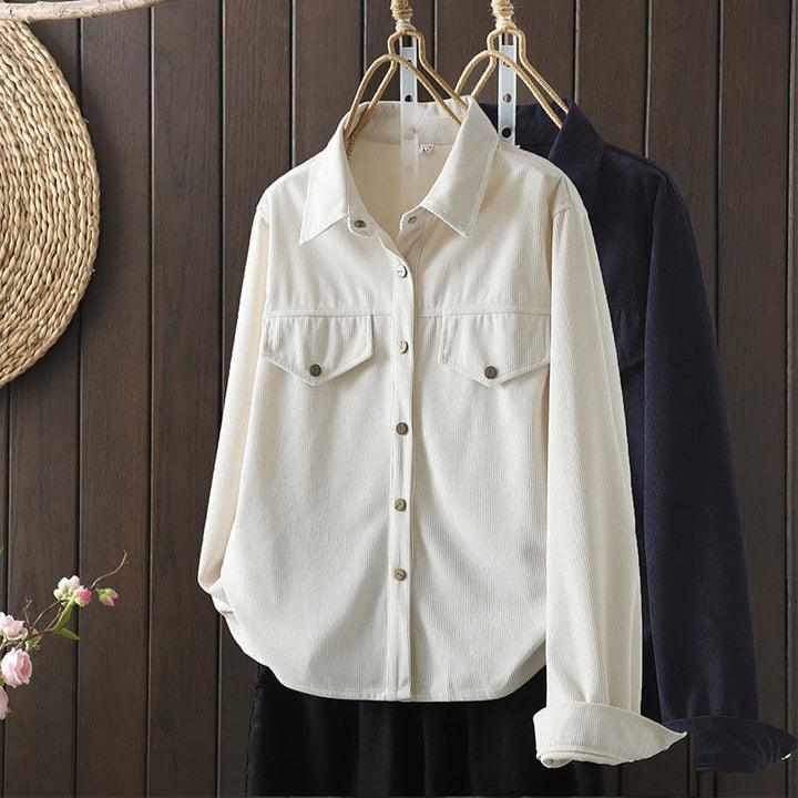 Camicia da donna a maniche lunghe in velluto a coste di cotone con bottoni semplici Buddha Stones Commute - image 17