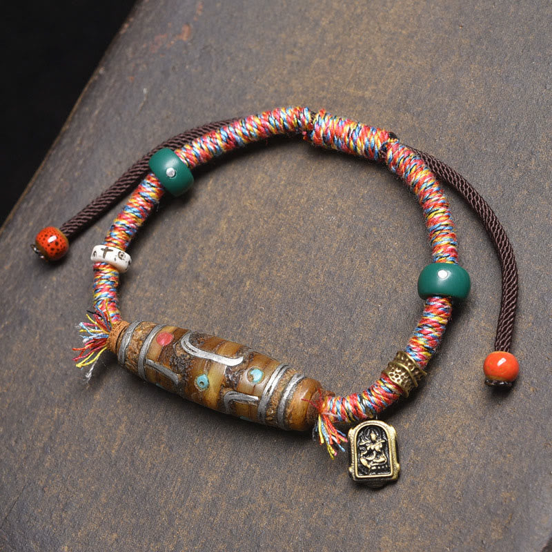 Braccialetto di protezione in corda con perline Dzi tibetane a nove occhi, fatto a mano, Buddha Stones - Corde colorate e perlina Dzi a nove occhi (circonferenza del polso: 16-20 cm) - image 0