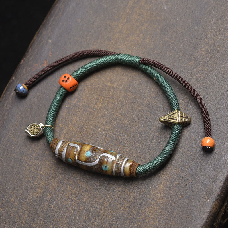 Braccialetto di protezione in corda con perline Dzi tibetane a nove occhi, fatto a mano, Buddha Stones - Corda verde e perlina Dzi a nove occhi (circonferenza del polso: 16-20 cm) - image 7