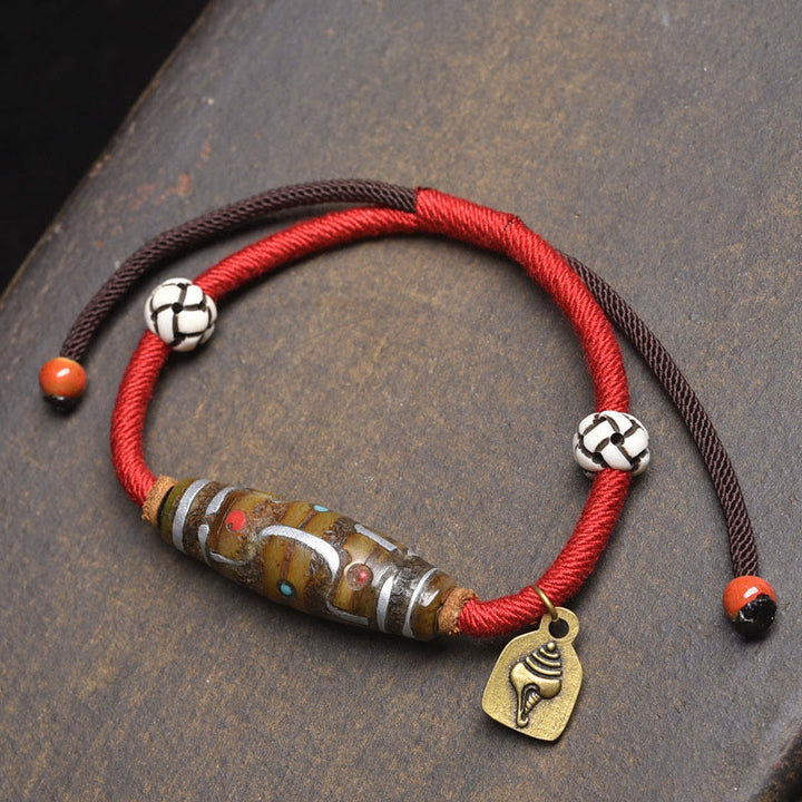 Braccialetto di protezione in corda con perline Dzi tibetane a nove occhi, fatto a mano, Buddha Stones - Corda rossa e perlina Dzi a nove occhi (circonferenza del polso: 16-20 cm) - image 5