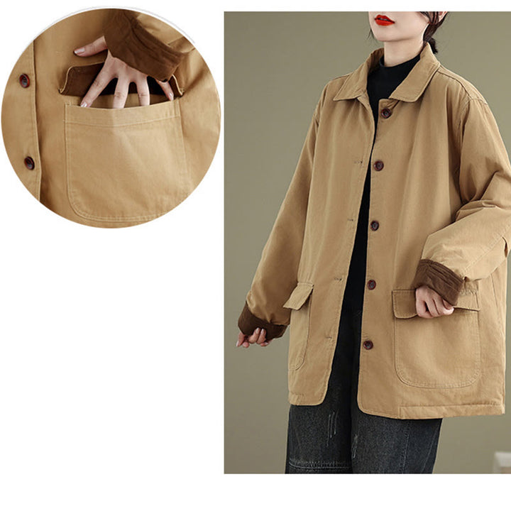 Giacca da donna in cotone trapuntato a maniche lunghe con tasche e bottoni a risvolto semplici con motivo Buddha Stones - image 10