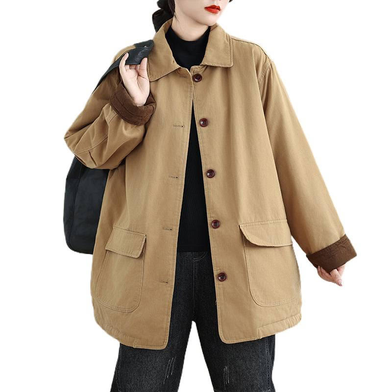 Giacca da donna in cotone trapuntato a maniche lunghe con tasche e bottoni a risvolto semplici con motivo Buddha Stones - image 11