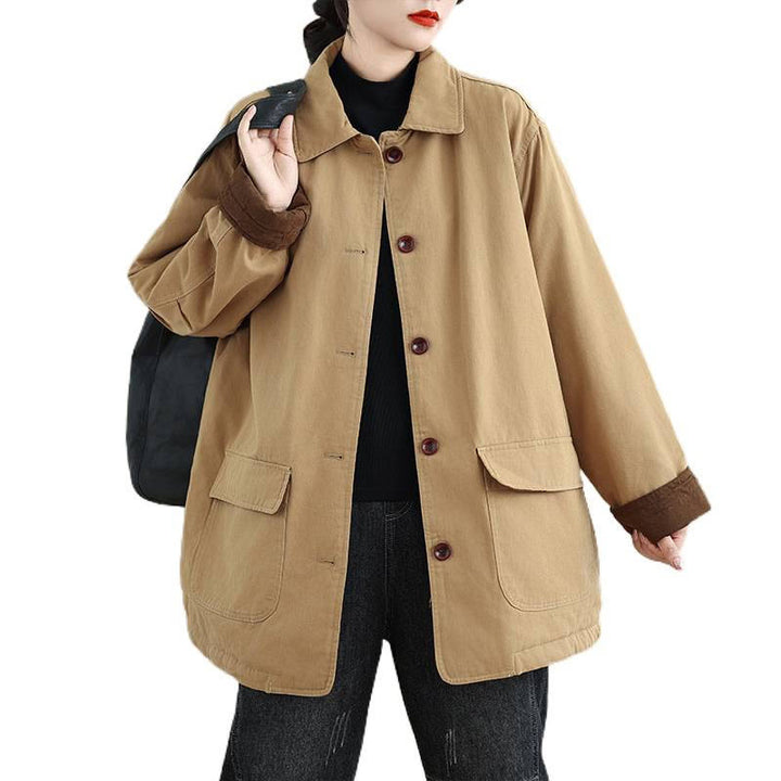 Giacca da donna in cotone trapuntato a maniche lunghe con tasche e bottoni a risvolto semplici con motivo Buddha Stones - image 11