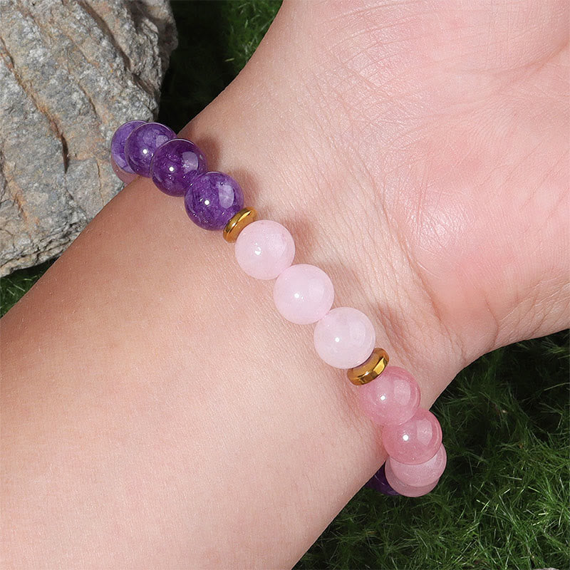Braccialetto di amore e pace con perline di cristallo rosa, quarzo fragola, ametista e Buddha Stones - image 3