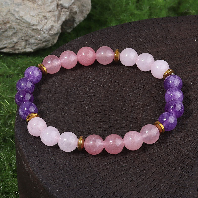Braccialetto di amore e pace con perline di cristallo rosa, quarzo fragola, ametista e Buddha Stones - Ametista, quarzo fragola e cristallo rosa (circonferenza del polso: 19-22 cm) - image 0