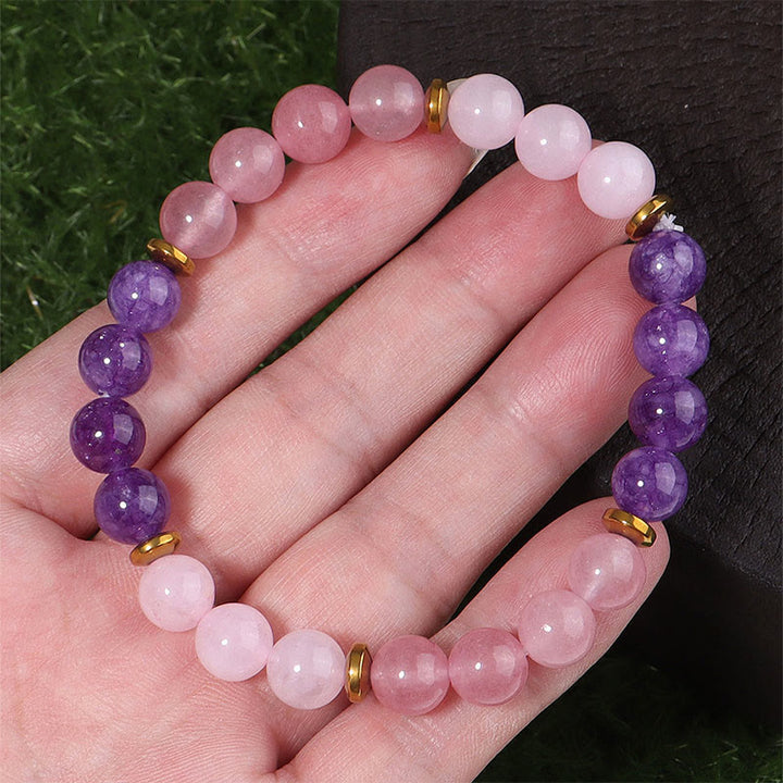 Braccialetto di amore e pace con perline di cristallo rosa, quarzo fragola, ametista e Buddha Stones - image 2