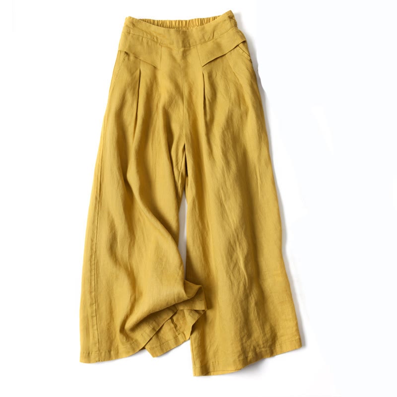Pantaloni a gamba larga in cotone e lino tinta unita con vita alta e tasche Buddha Stones - Giallo - US16, UK/AU20, EU48 (3XL) - image 0