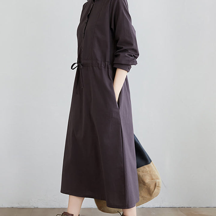 Abito midi in cotone a maniche lunghe con tasche e revers a tinta unita con lacci Buddha Stones - image 11