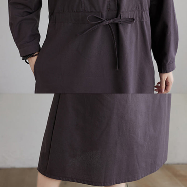 Abito midi in cotone a maniche lunghe con tasche e revers a tinta unita con lacci Buddha Stones - image 17
