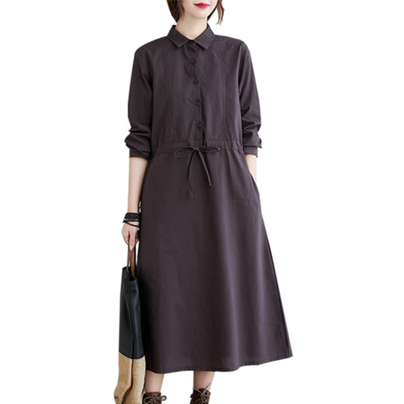 Abito midi in cotone a maniche lunghe con tasche e revers a tinta unita con lacci Buddha Stones - image 18