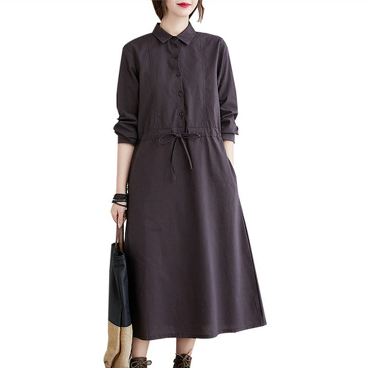 Abito midi in cotone a maniche lunghe con tasche e revers a tinta unita con lacci Buddha Stones - image 18