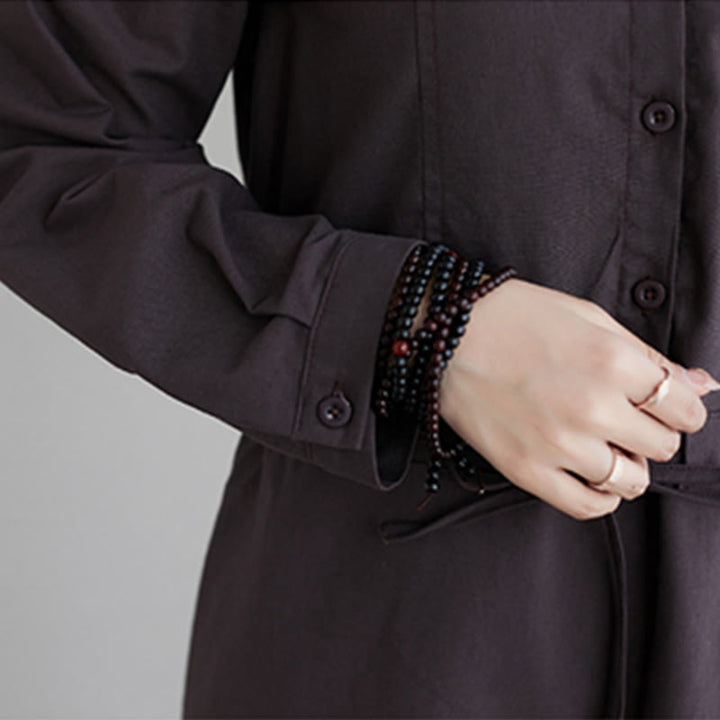 Abito midi in cotone a maniche lunghe con tasche e revers a tinta unita con lacci Buddha Stones - image 15