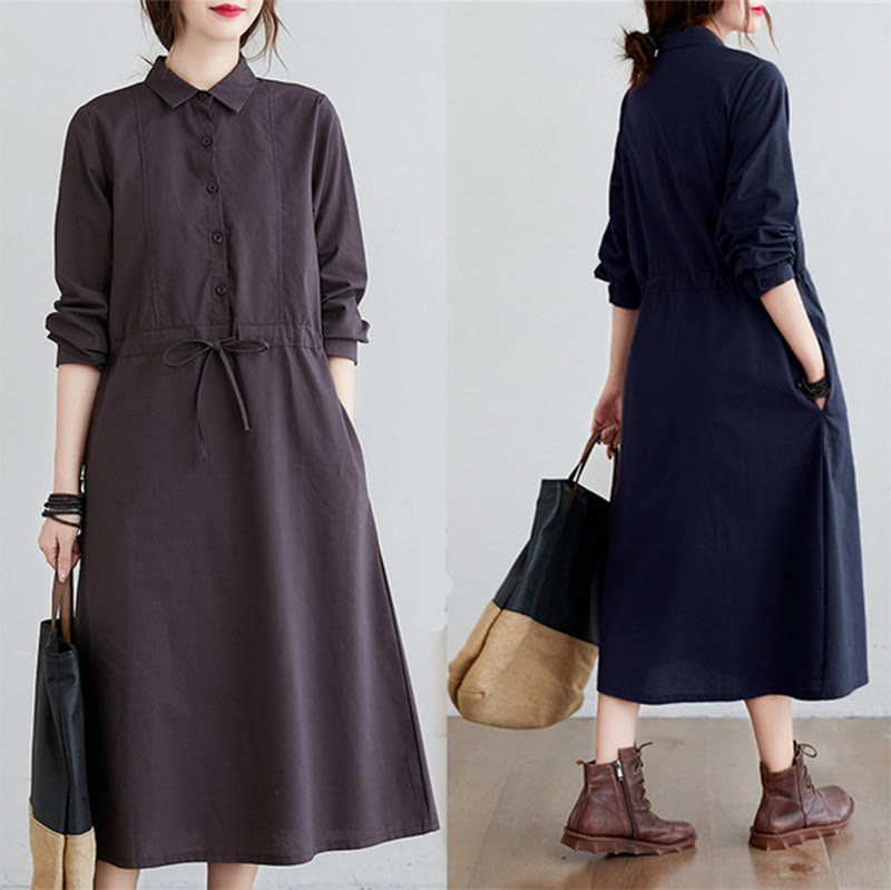 Abito midi in cotone a maniche lunghe con tasche e revers a tinta unita con lacci Buddha Stones - image 19