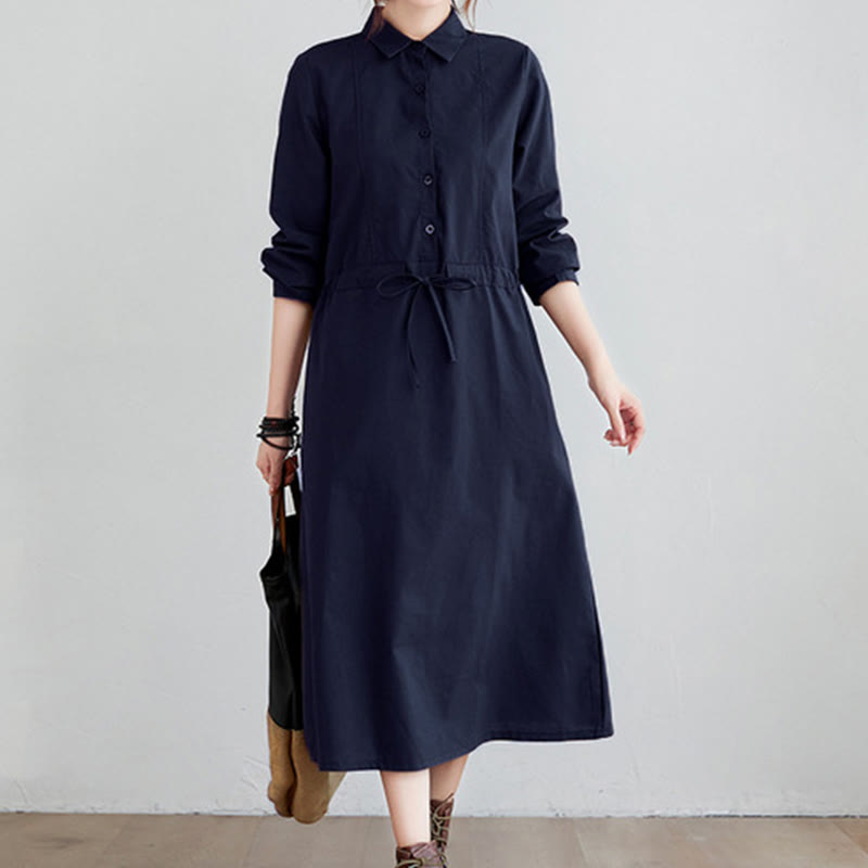 Abito midi in cotone a maniche lunghe con tasche e revers a tinta unita con lacci Buddha Stones - Blu notte - US8-10, UK/AU12-14, EU40-42 (2XL) - image 0