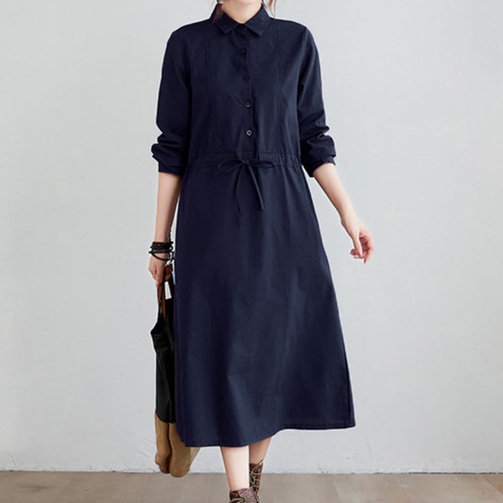 Abito midi in cotone a maniche lunghe con tasche e revers a tinta unita con lacci Buddha Stones - Blu notte - US8-10, UK/AU12-14, EU40-42 (2XL) - image 0