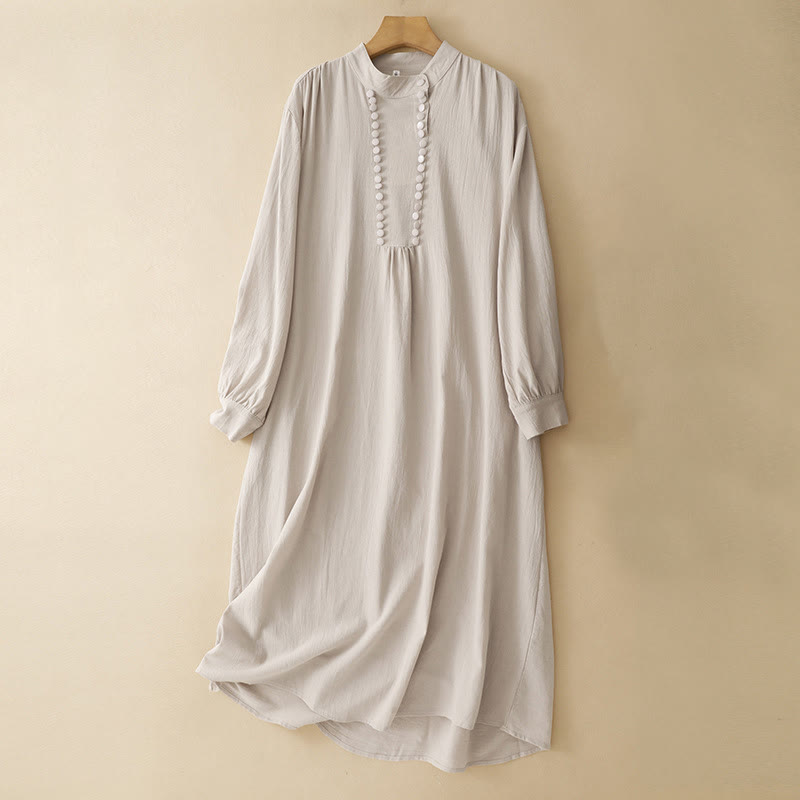 Abito midi in cotone a maniche lunghe con colletto rialzato, doppiopetto, bottoni, colore puro, motivo Buddha Stones - Bianco antico - US14, UK/AU18, EU46 (2XL) - image 0
