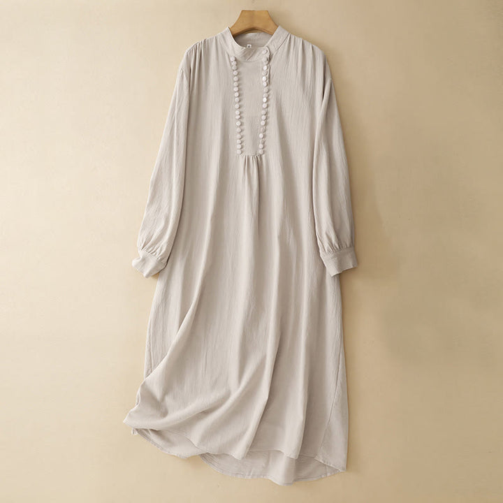 Abito midi in cotone a maniche lunghe con colletto rialzato, doppiopetto, bottoni, colore puro, motivo Buddha Stones - Bianco antico - US14, UK/AU18, EU46 (2XL) - image 0