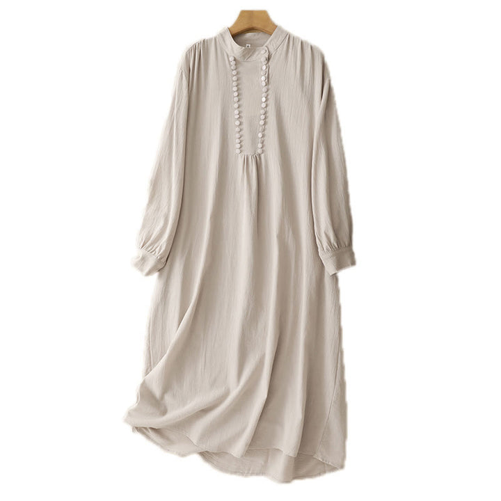 Abito midi in cotone a maniche lunghe con colletto rialzato, doppiopetto, bottoni, colore puro, motivo Buddha Stones - image 10