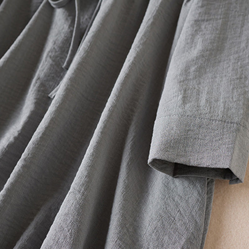 Abito midi in cotone con maniche lunghe, coulisse e colletto a tacca, colore puro, con tasche e Buddha Stones - image 9