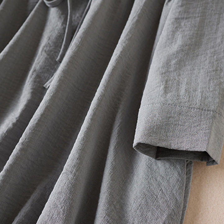Abito midi in cotone con maniche lunghe, coulisse e colletto a tacca, colore puro, con tasche e Buddha Stones - image 9