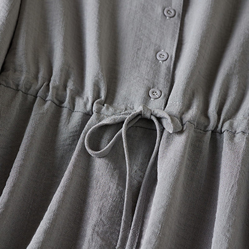 Abito midi in cotone con maniche lunghe, coulisse e colletto a tacca, colore puro, con tasche e Buddha Stones - image 10