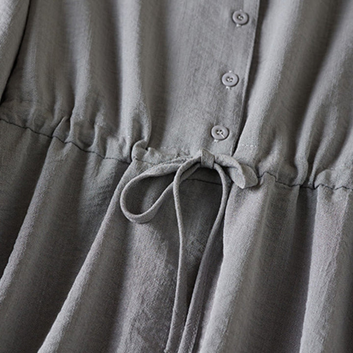 Abito midi in cotone con maniche lunghe, coulisse e colletto a tacca, colore puro, con tasche e Buddha Stones - image 10