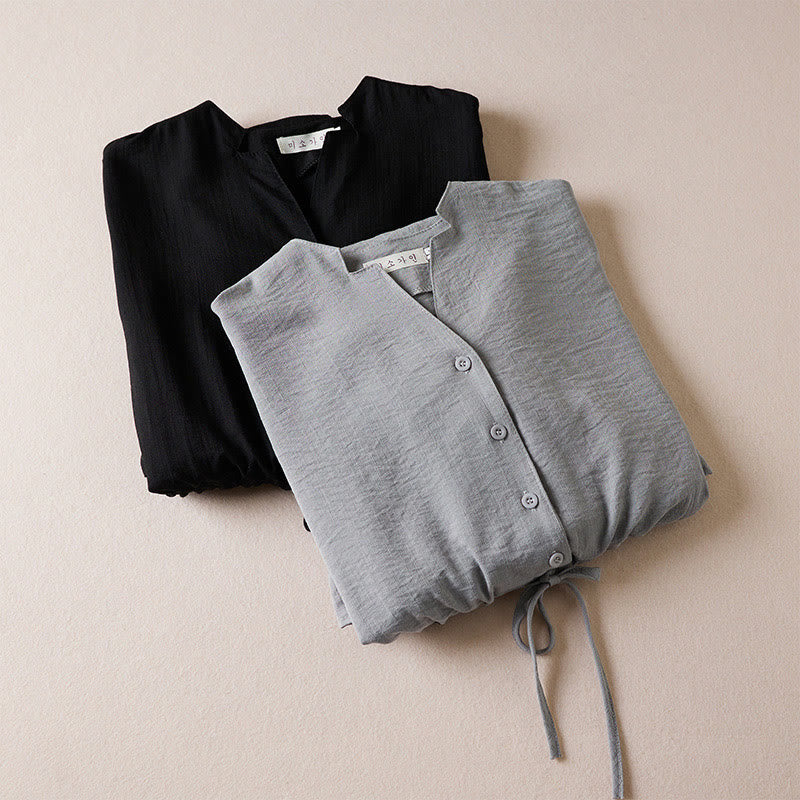 Abito midi in cotone con maniche lunghe, coulisse e colletto a tacca, colore puro, con tasche e Buddha Stones - image 15