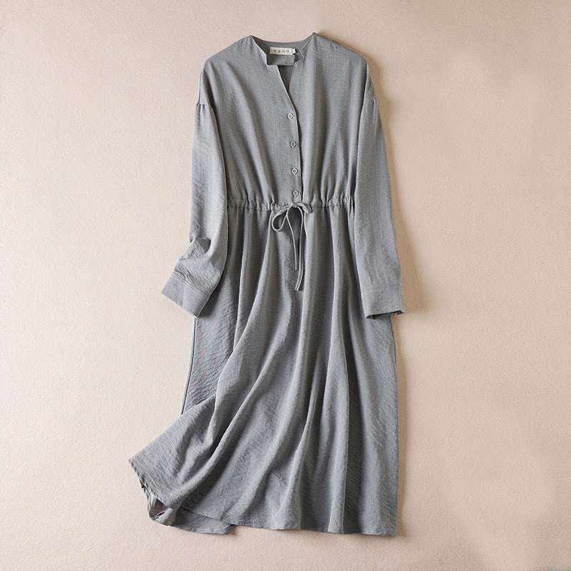 Abito midi in cotone con maniche lunghe, coulisse e colletto a tacca, colore puro, con tasche e Buddha Stones - Grigio scuro - US8-10, UK/AU12-14, EU40-42 (2XL) - image 7