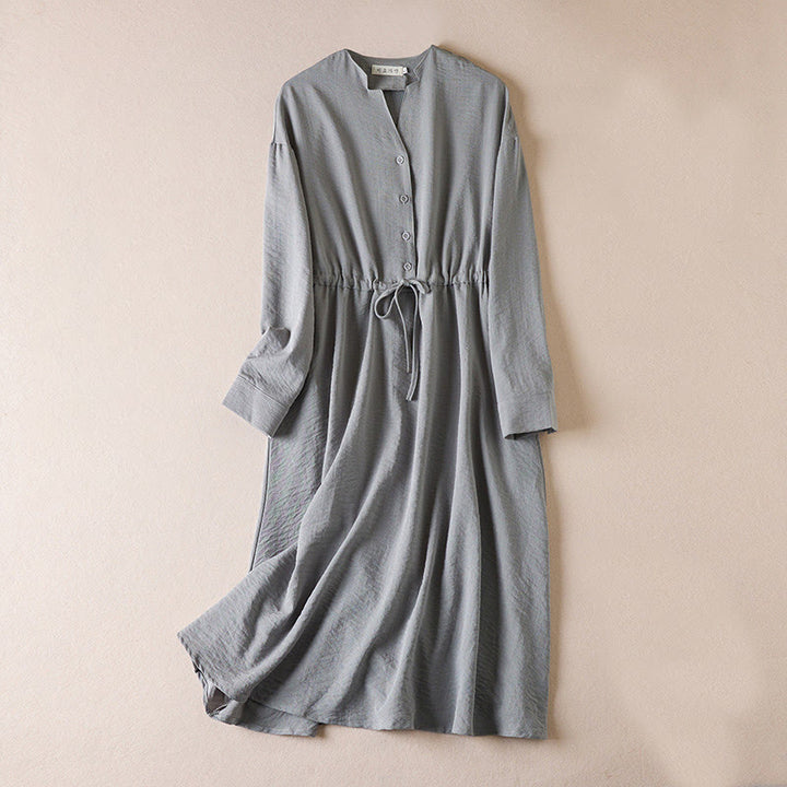Abito midi in cotone con maniche lunghe, coulisse e colletto a tacca, colore puro, con tasche e Buddha Stones - Grigio scuro - US8-10, UK/AU12-14, EU40-42 (2XL) - image 7