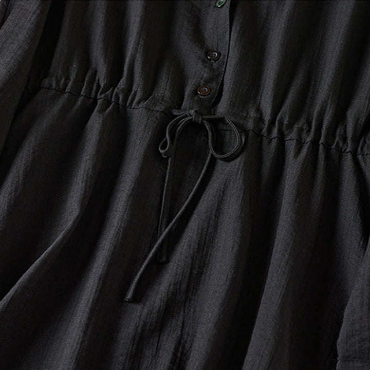 Abito midi in cotone con maniche lunghe, coulisse e colletto a tacca, colore puro, con tasche e Buddha Stones - image 4