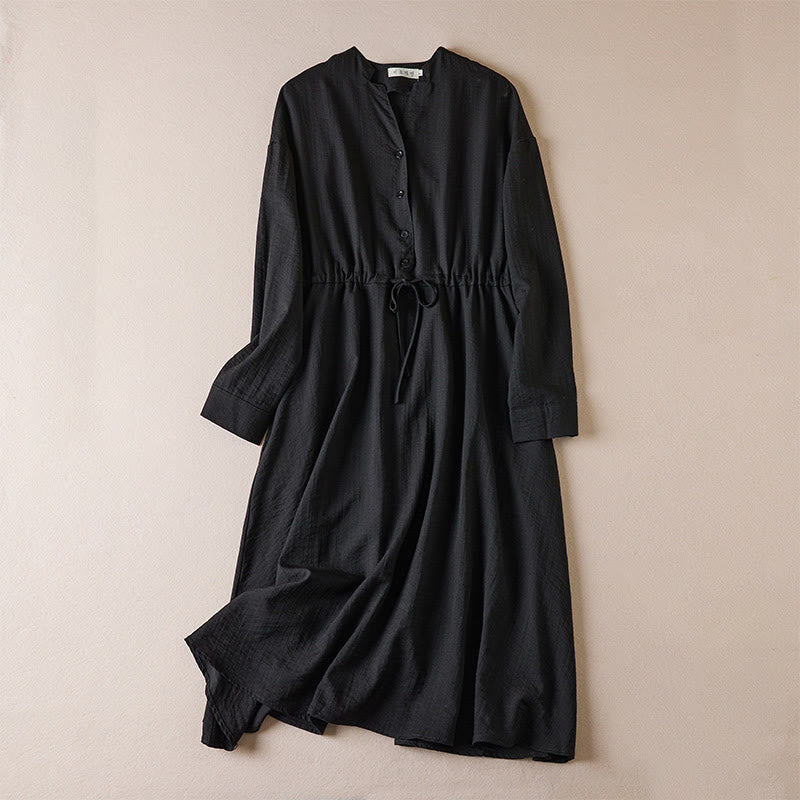 Abito midi in cotone con maniche lunghe, coulisse e colletto a tacca, colore puro, con tasche e Buddha Stones - Nero - US8-10, UK/AU12-14, EU40-42 (2XL) - image 0