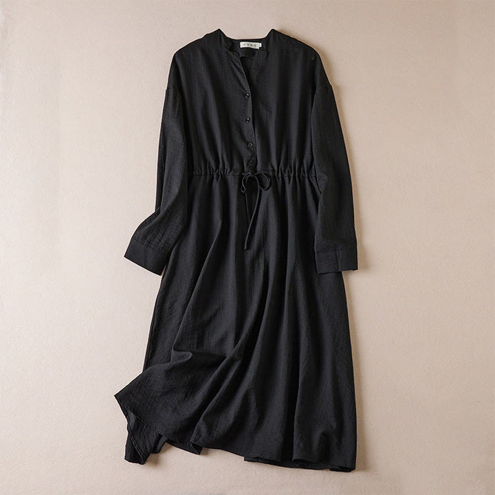 Abito midi in cotone con maniche lunghe, coulisse e colletto a tacca, colore puro, con tasche e Buddha Stones - Nero - US8-10, UK/AU12-14, EU40-42 (2XL) - image 0